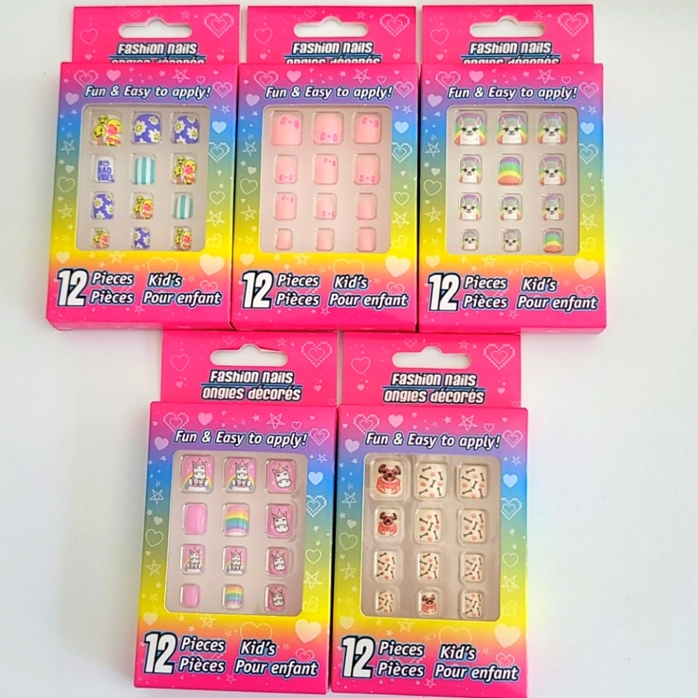 5 Pre-Glued Kids Press On Nails, Varied Styles NWT